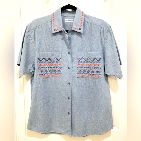David Brooks Vintage Blue Embroidered Cotton Short Sleeve Button Down Shirt 8 - Picture 1 of 7
